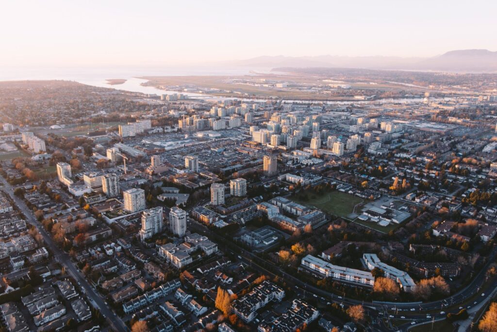 Aerial view of city roads in Richmond, BC
