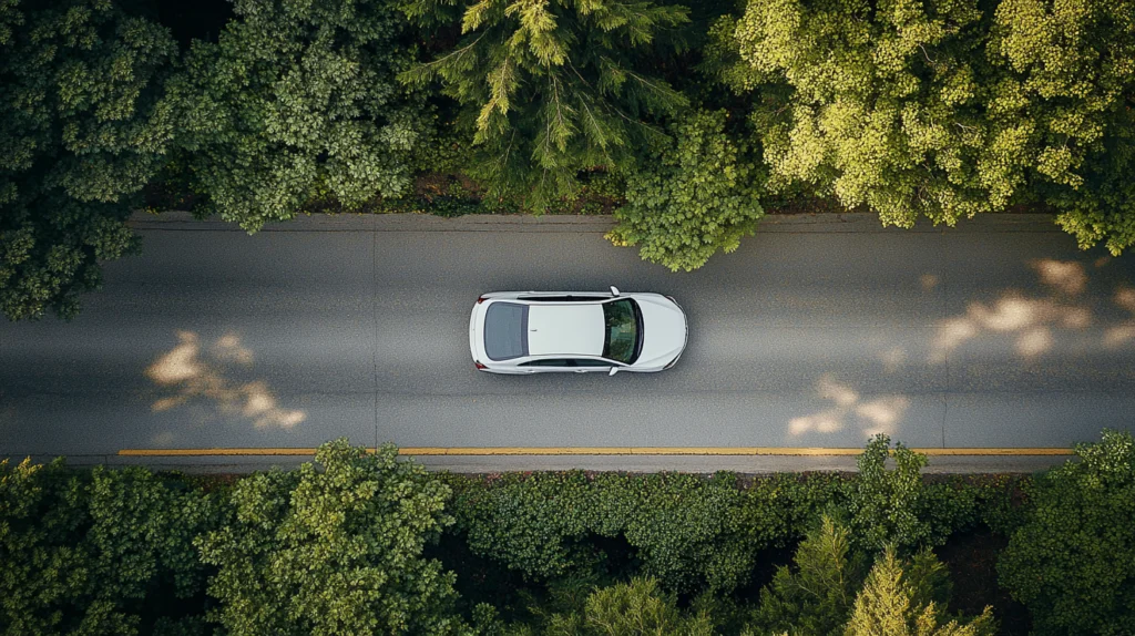 Overhead view of car driving in Vancouver